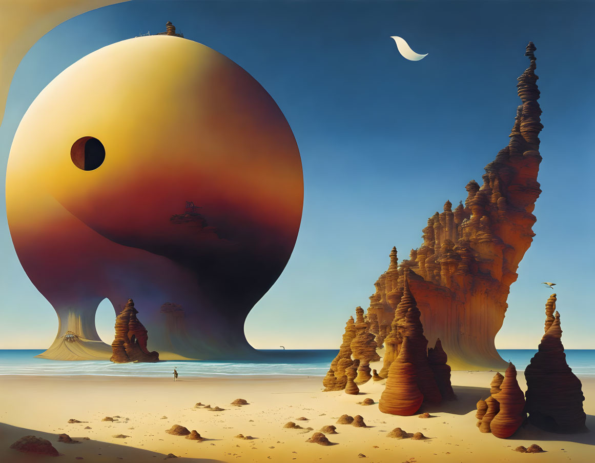 Surreal landscape with towering rock formations and egg-shaped structure