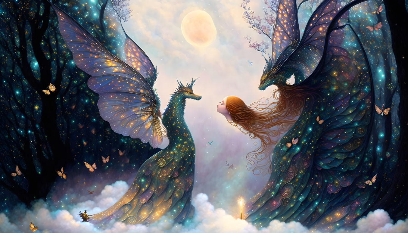 Woman and celestial dragons in moonlit fantasy scene with glowing butterflies.