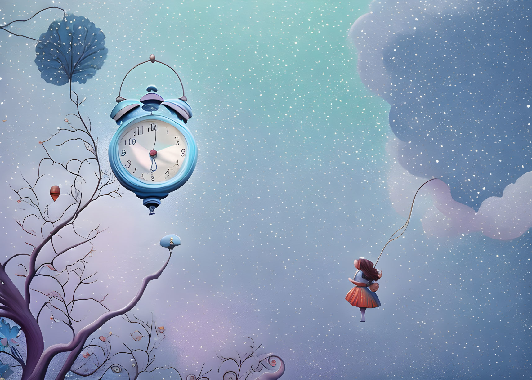 Girl floating towards large alarm clock in whimsical twilight scene