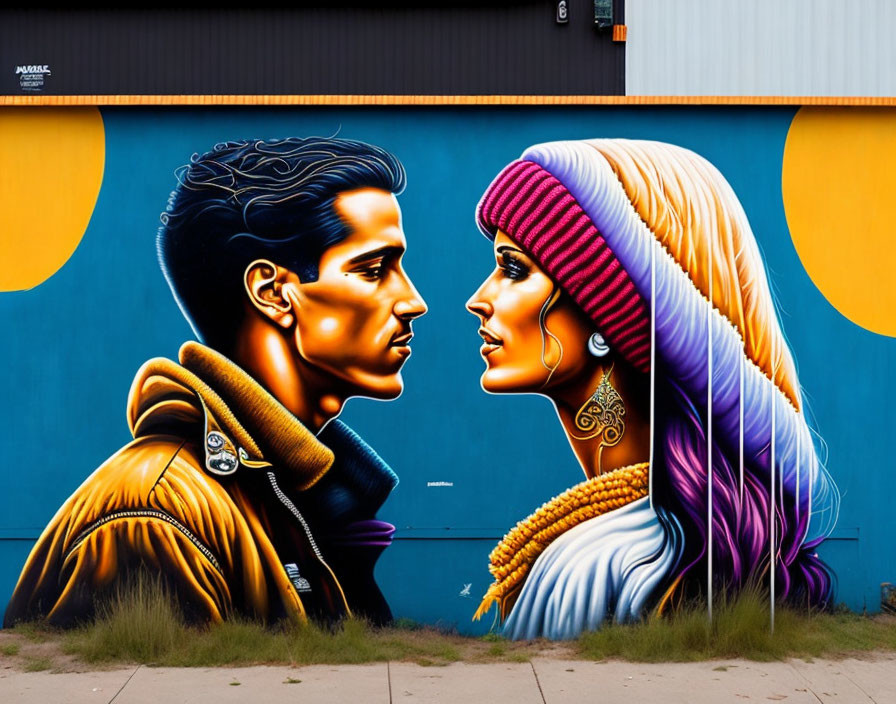 Vibrant street art mural: man and woman in profile on blue background with yellow circles