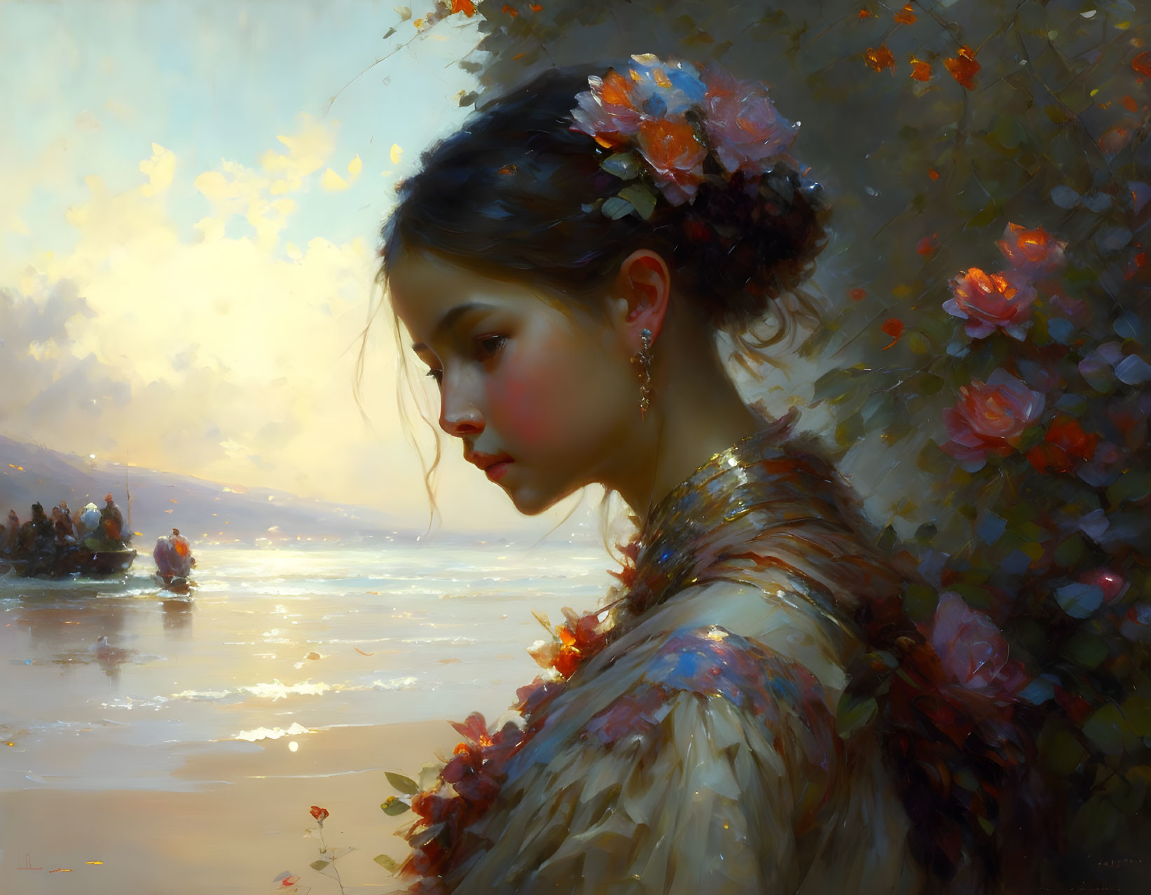 Profile portrait of woman with flowers in hair by serene water with boats.