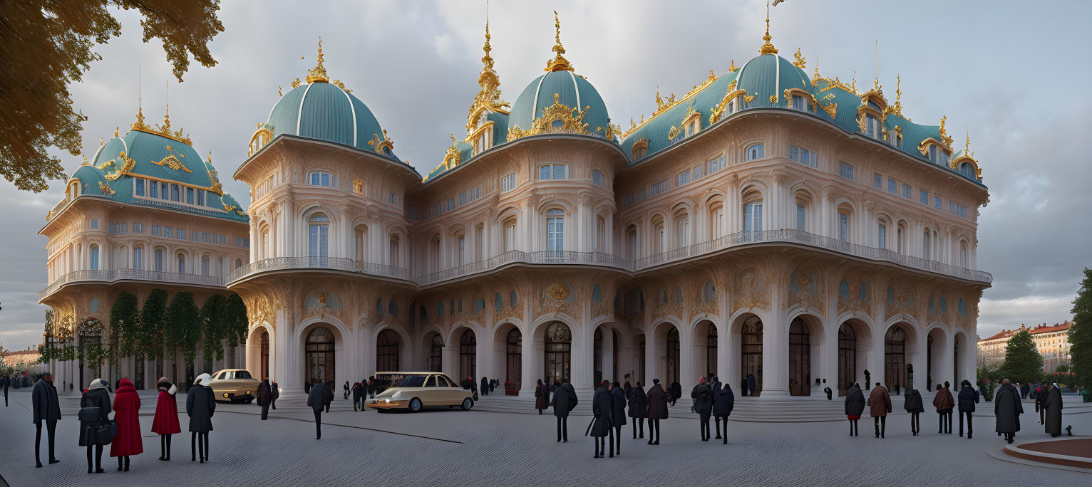 Baroque palace with gold decorations, blue domes, courtyard scene.