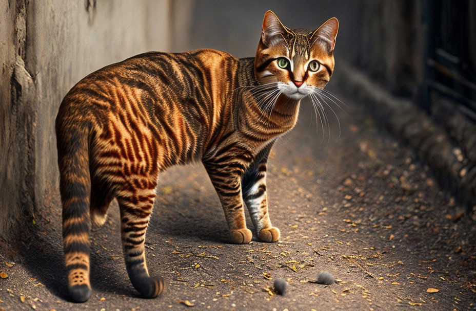 Striped Tabby Cat with Green Eyes on Paved Path with Leaves