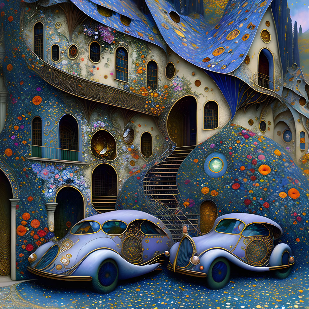 Whimsical Van Gogh-inspired artwork with vintage cars in magical scene