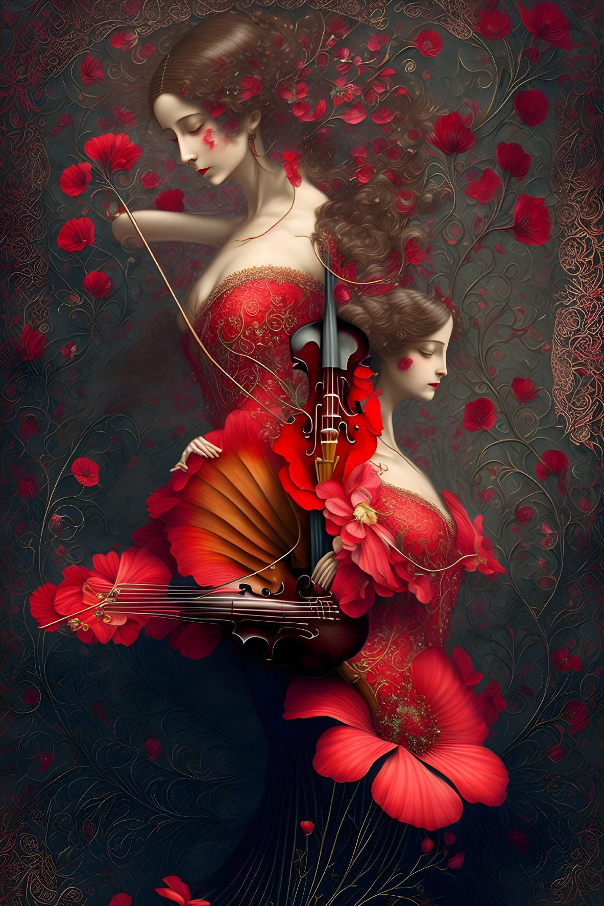 Two women merged with a violin surrounded by red blooms on a floral backdrop