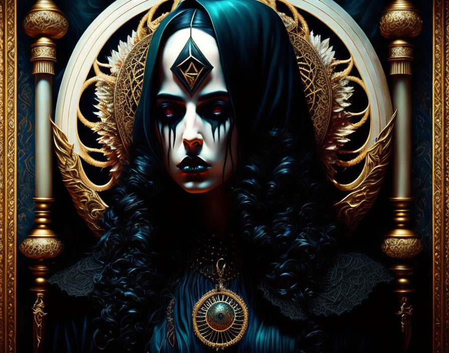 Gothic portrait with ornate makeup, black attire, golden accessories