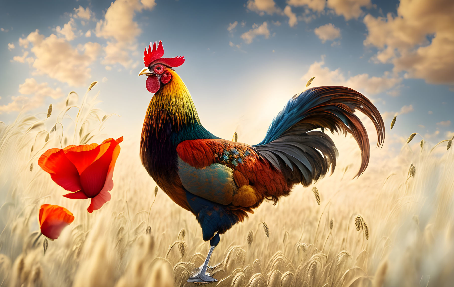 Colorful rooster in wheat field with poppies and cloudy sky