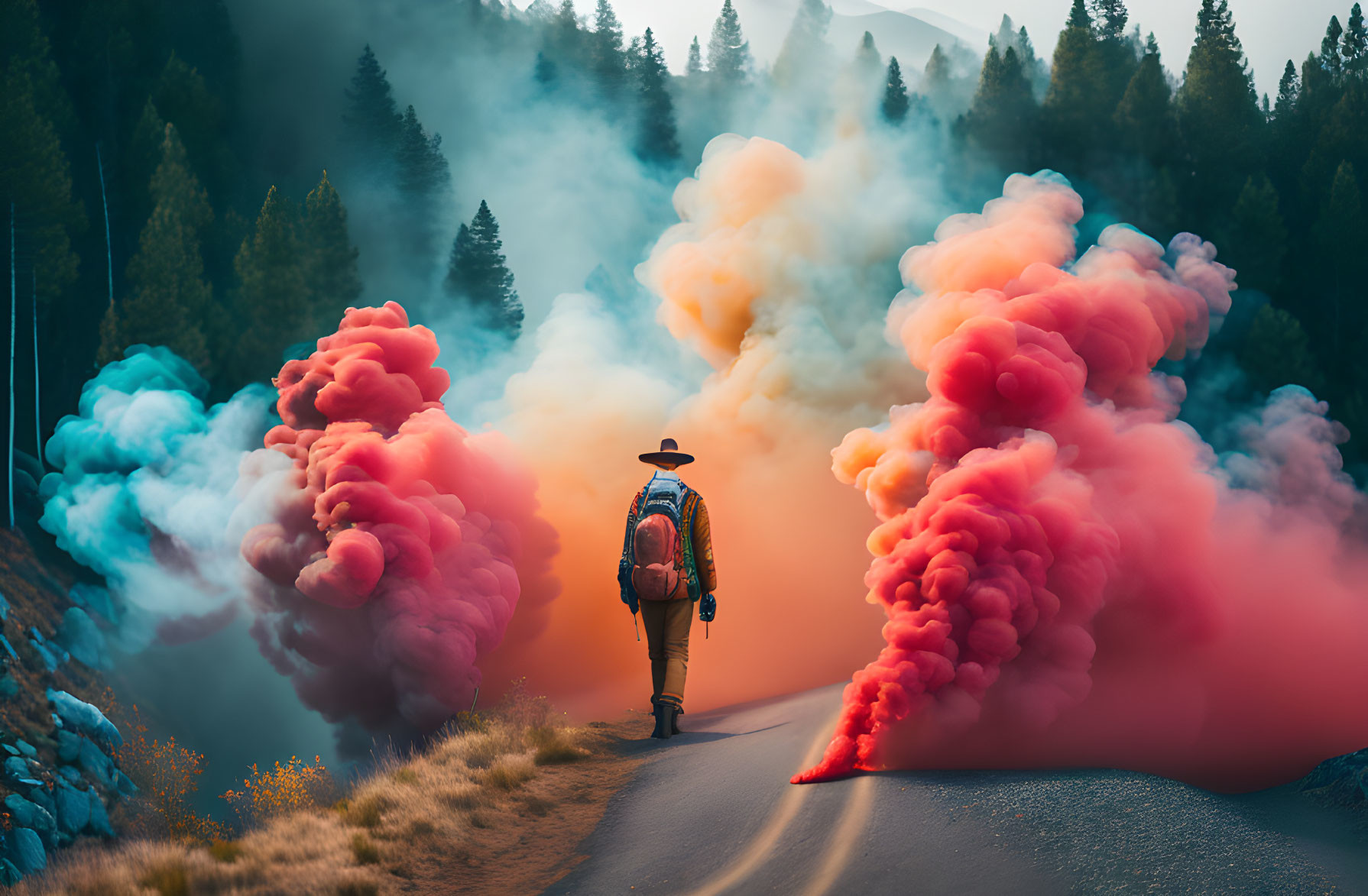 Traveler in Hat Walks Through Forest Road Amid Red and Blue Smoke