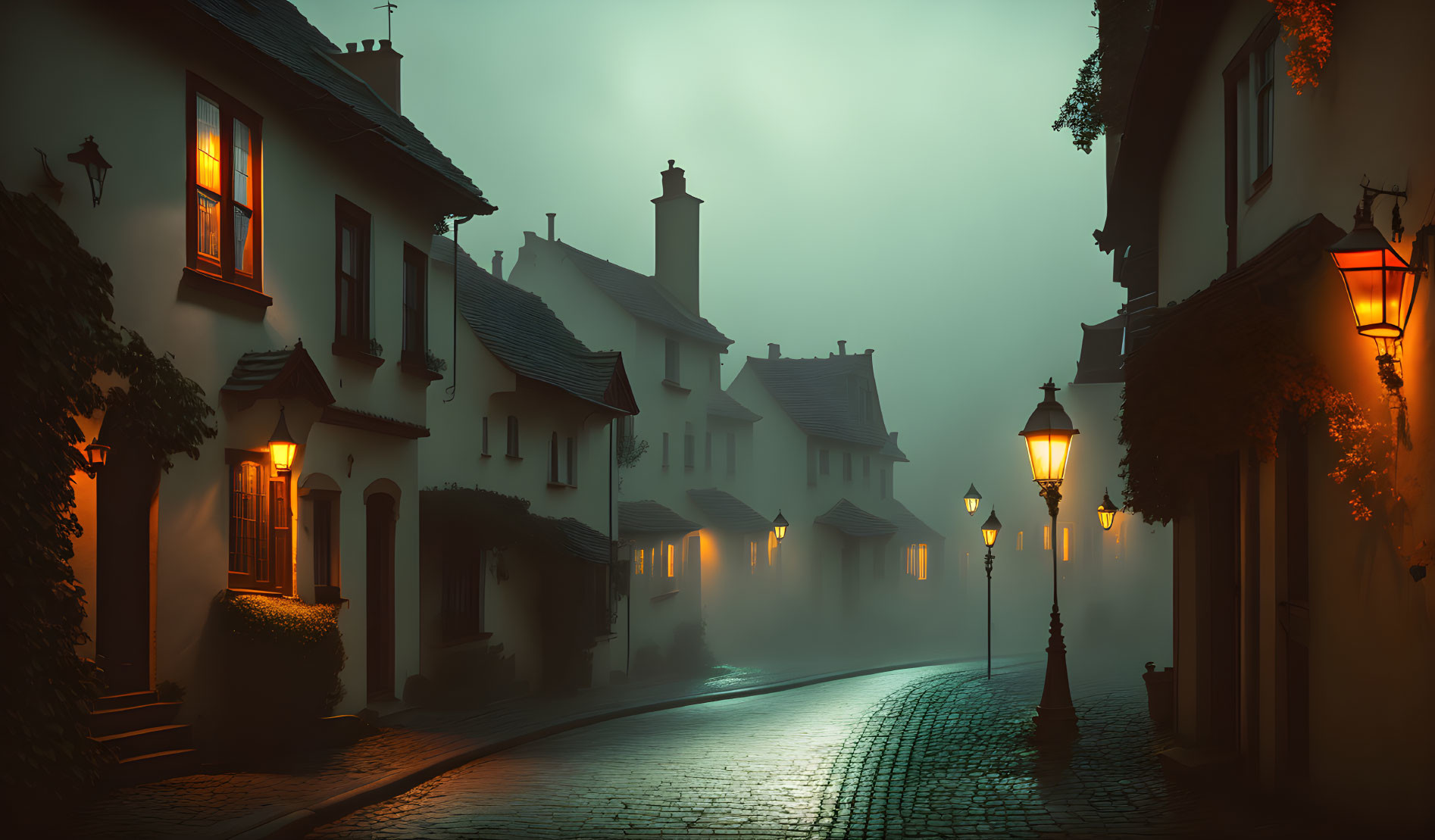 Foggy Dusk Street Scene with Glowing Lamps