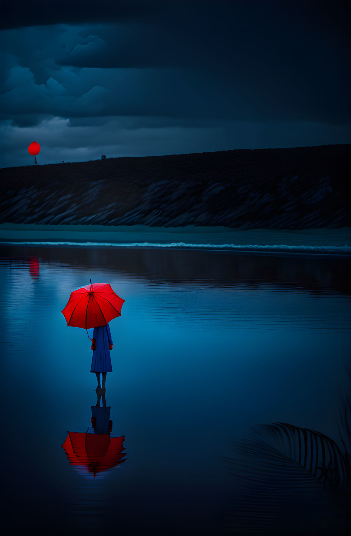 Person with red umbrella and balloon by calm water under dark blue sky