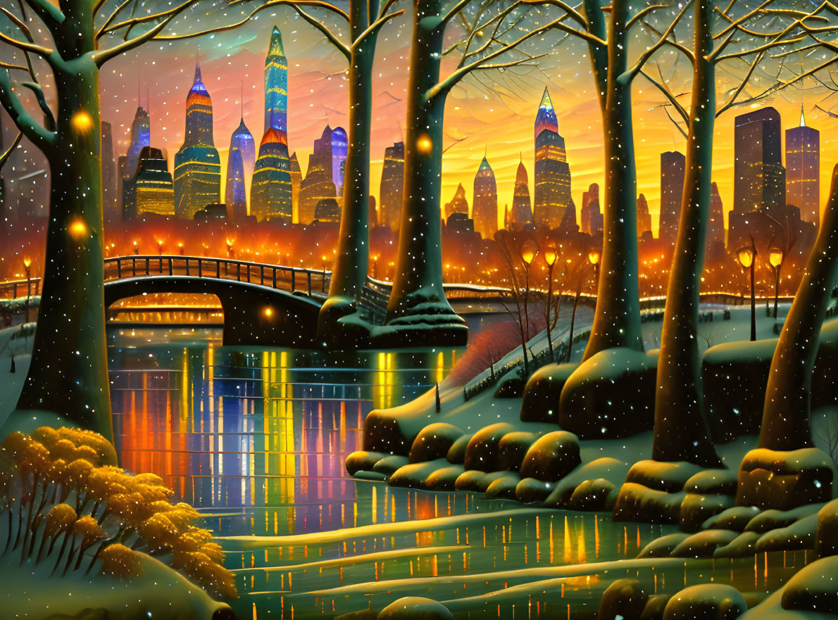 Snow-covered trees, river, bridge, and city lights in serene winter dusk scene