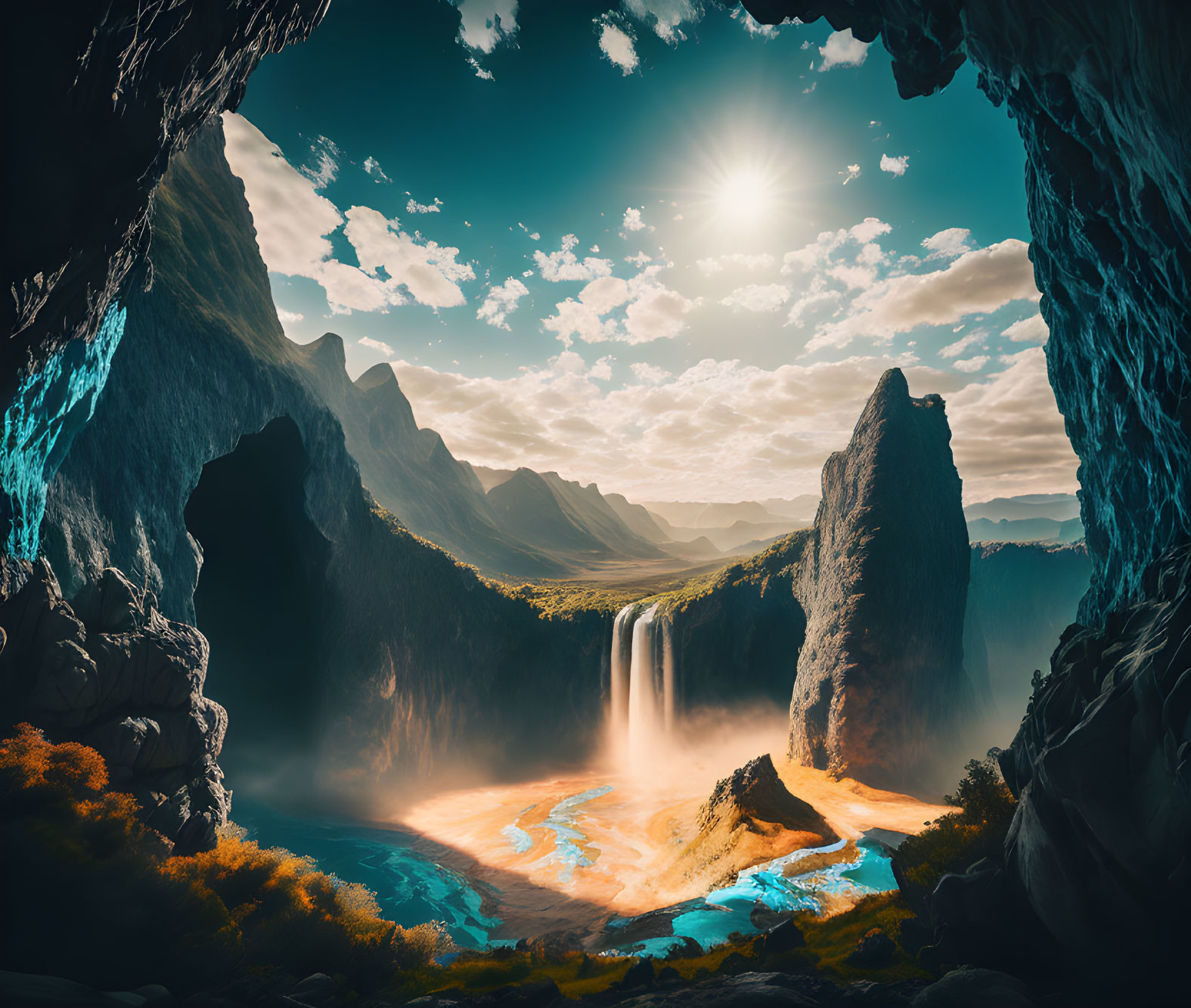 Majestic waterfall cascades into serene pool with rugged cliffs in vivid, surreal landscape