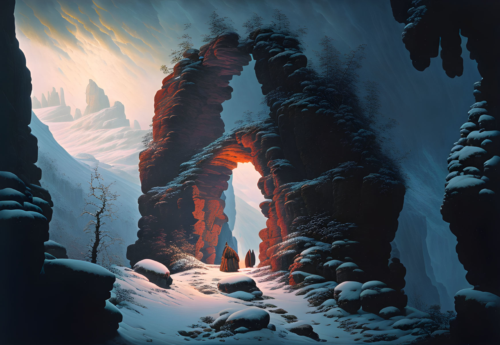 Cloaked figure in snowy cliffs with arch-shaped rock framing sunrise or sunset