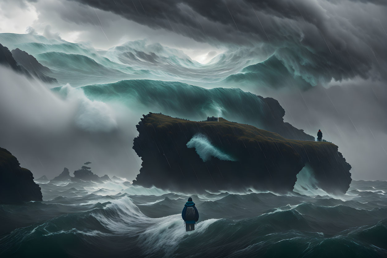 Solitary figure confronts turbulent ocean waves under stormy skies, with small silhouette on island cliff