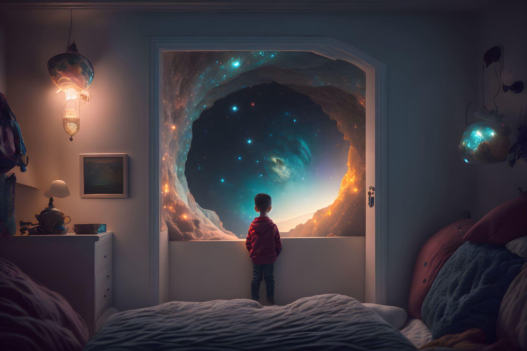 Child in red hoodie at bedroom doorway with cosmic scene.