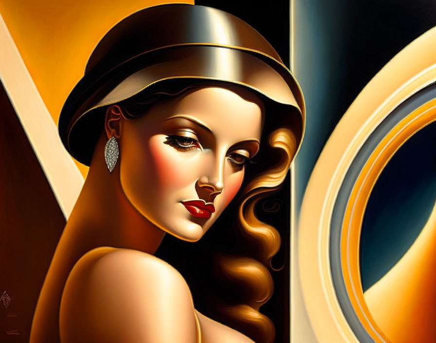 Stylized portrait of woman with hat, bold makeup, flowing hair, and earrings against abstract geometric