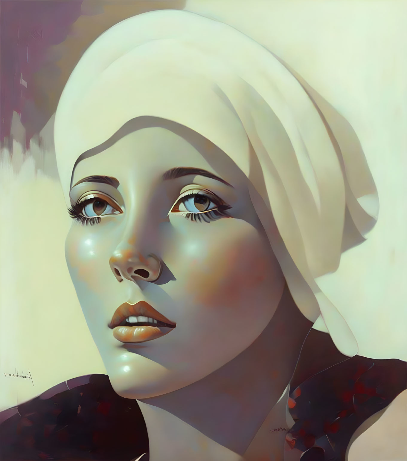 Portrait of woman with white headscarf and full lips on cream background