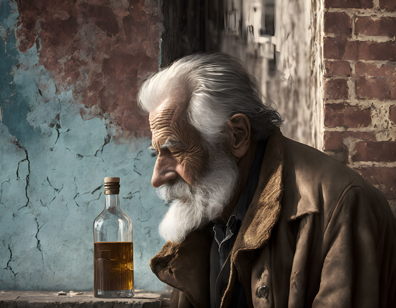 Elderly man with white beard and coat sitting next to bottle in urban setting