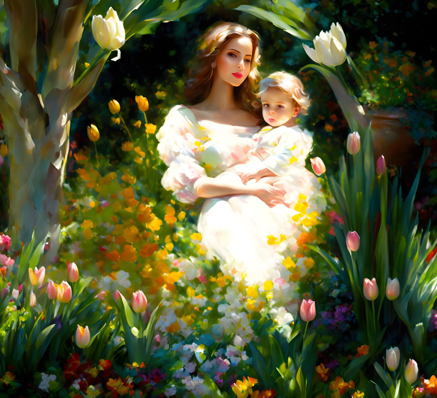 Woman in white dress holding child in vibrant garden scene