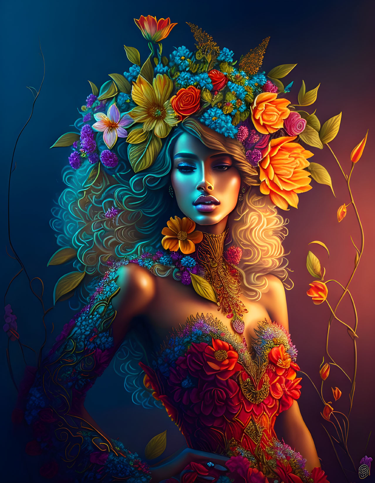 Colorful digital artwork of a woman with floral headdress and body art.