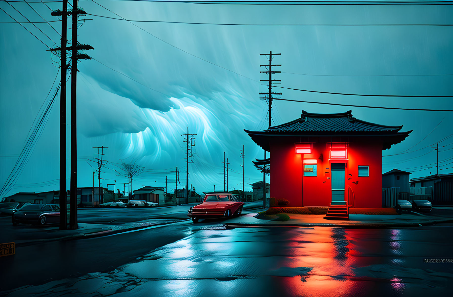 Neon-lit traditional building with swirling sky and wet street reflections