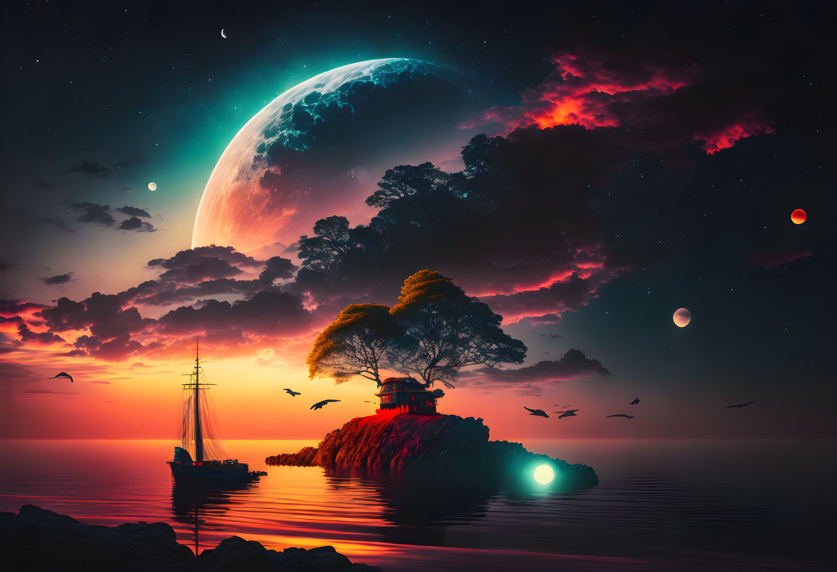 Surreal seascape with moon, sailboat, tree, and starlit sky