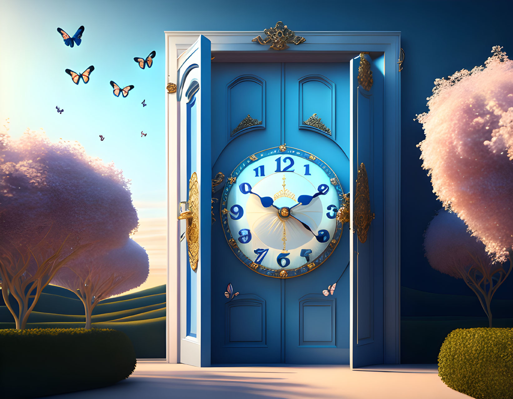 Blue whimsical door with ornate clock in fantasy landscape.