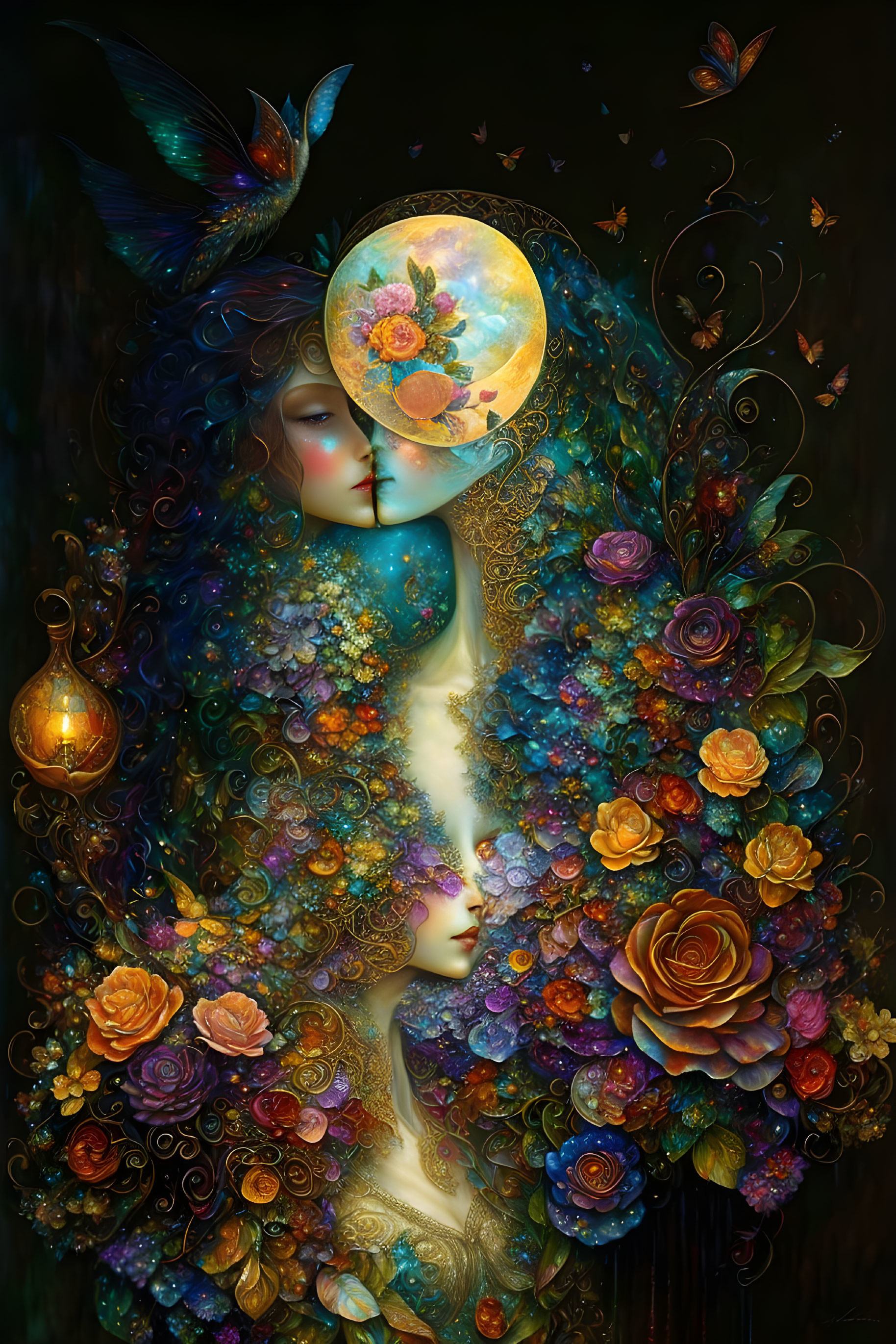 Ethereal female figures with floral hair, moon, butterflies, and hummingbird in mystical nature theme