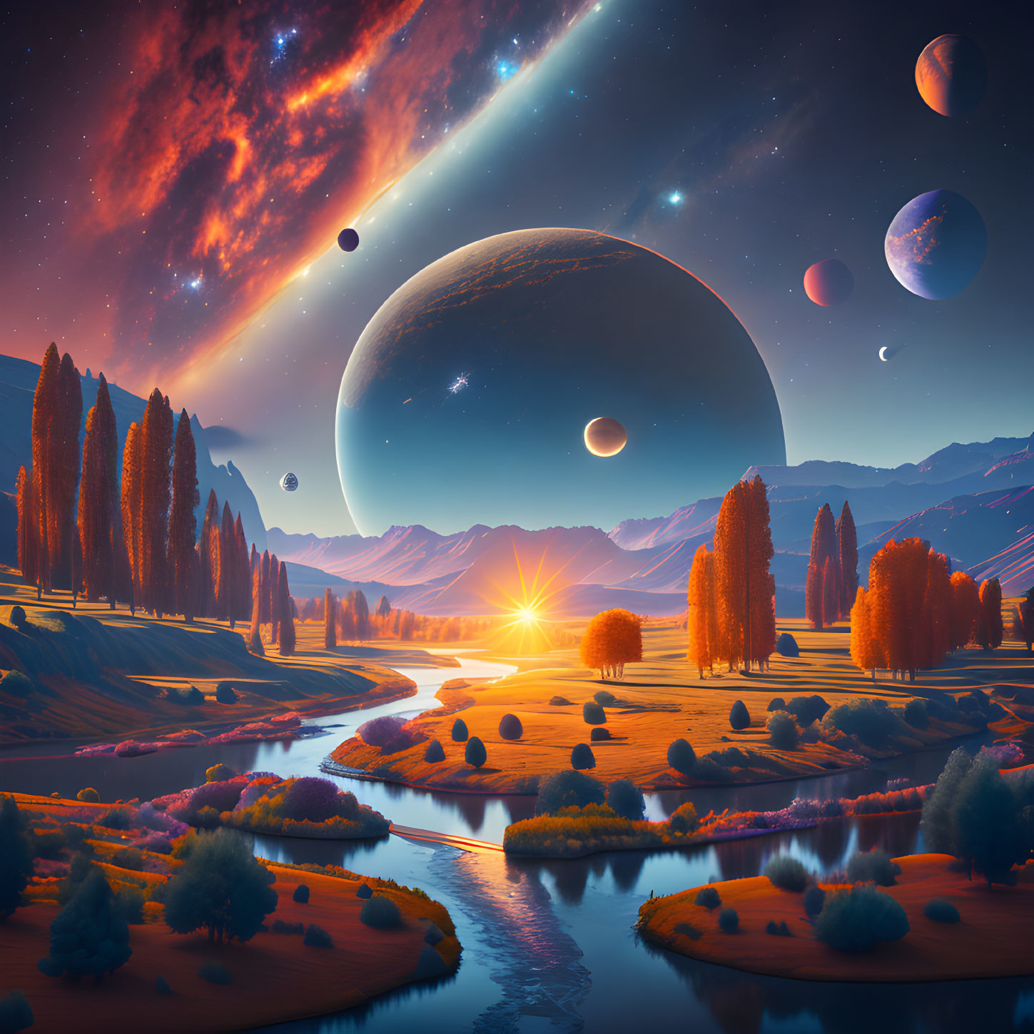 Fantastical sunset landscape with river, trees, planets, and starlit sky.