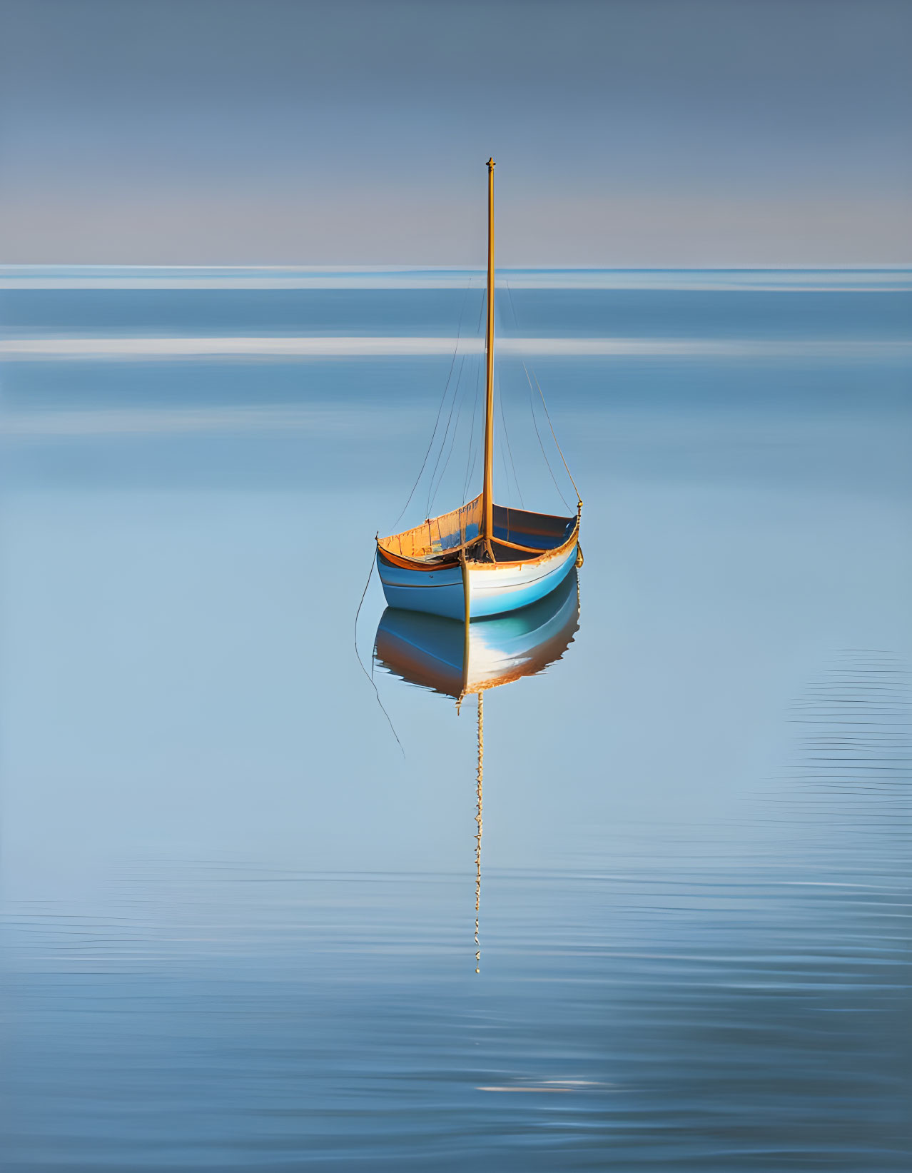 Tranquil blue and orange sailboat on calm water