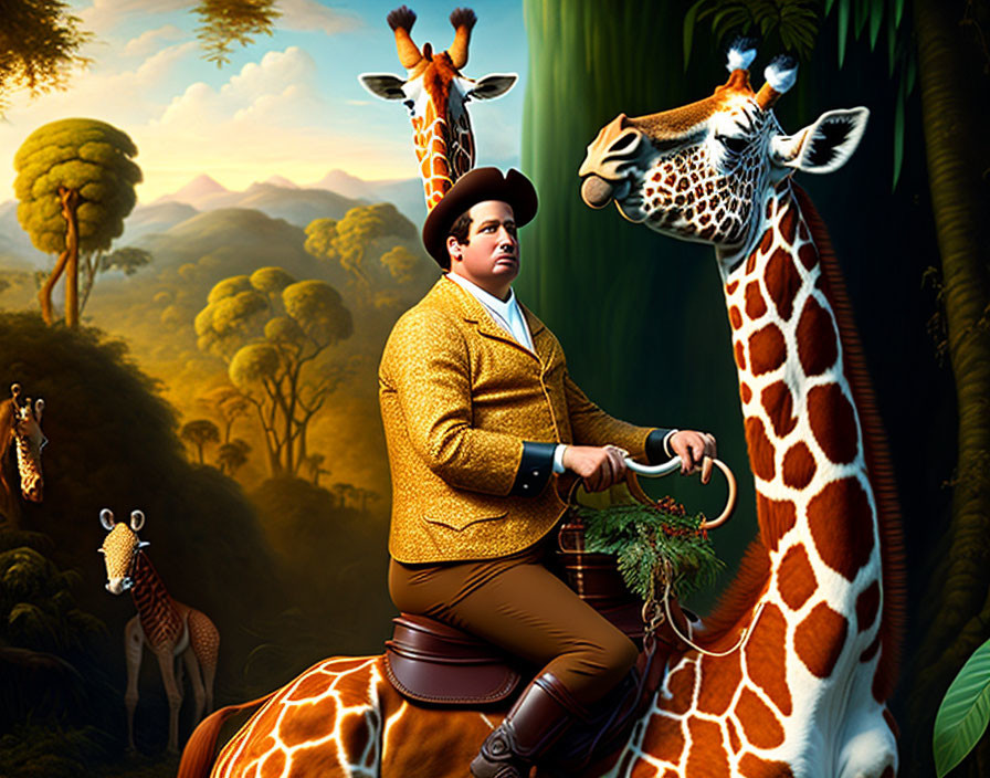 Person in Yellow Jacket Riding Giraffe in Stylized Jungle