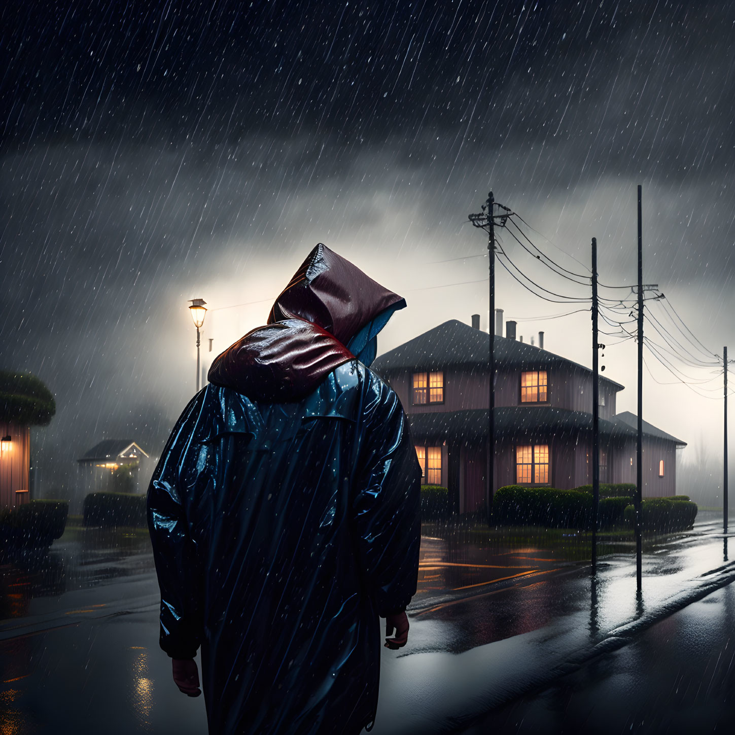 Person in Raincoat Walking on Wet Night Street Under Heavy Rain