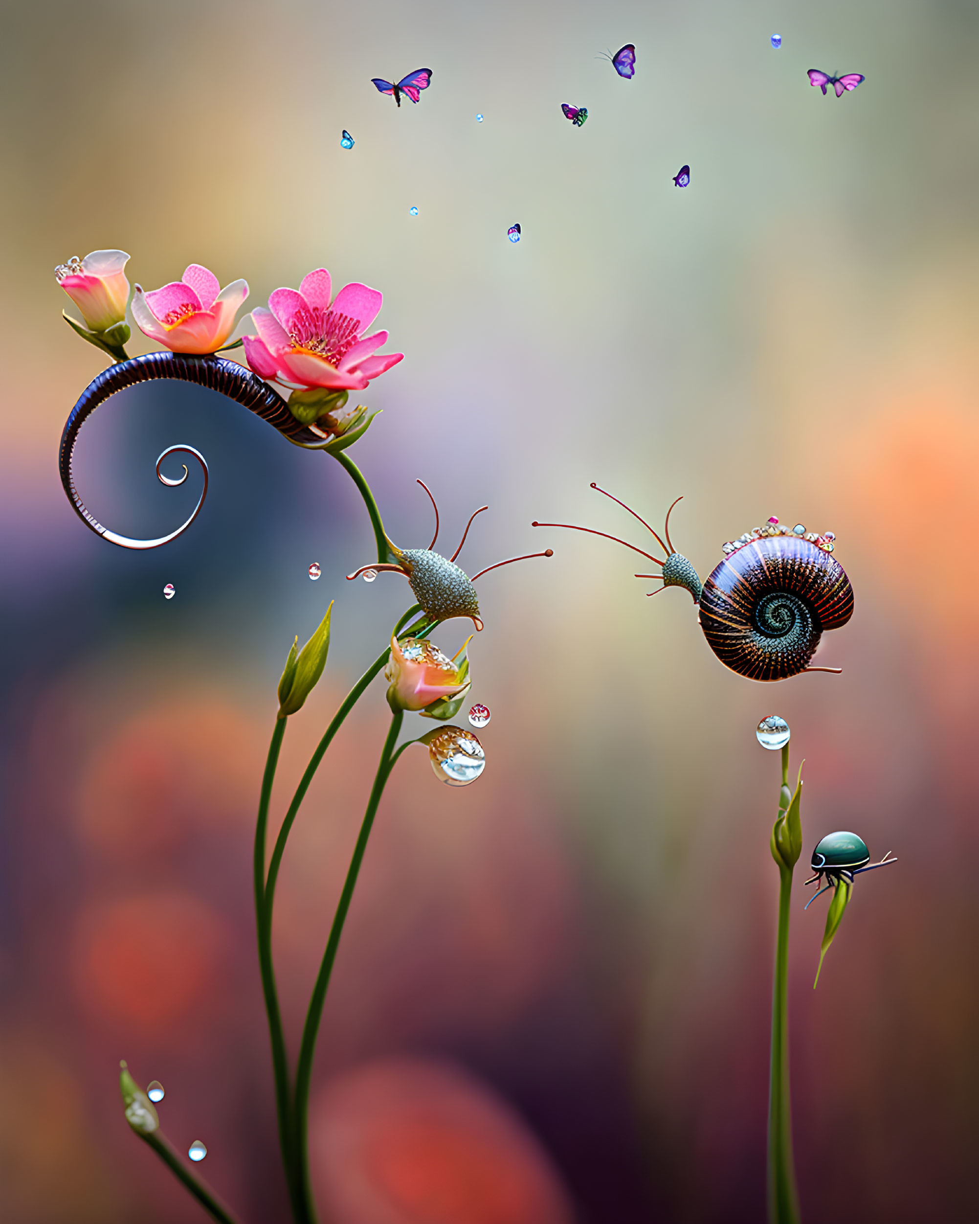 Snails on Flower Stems with Butterflies and Water Droplets