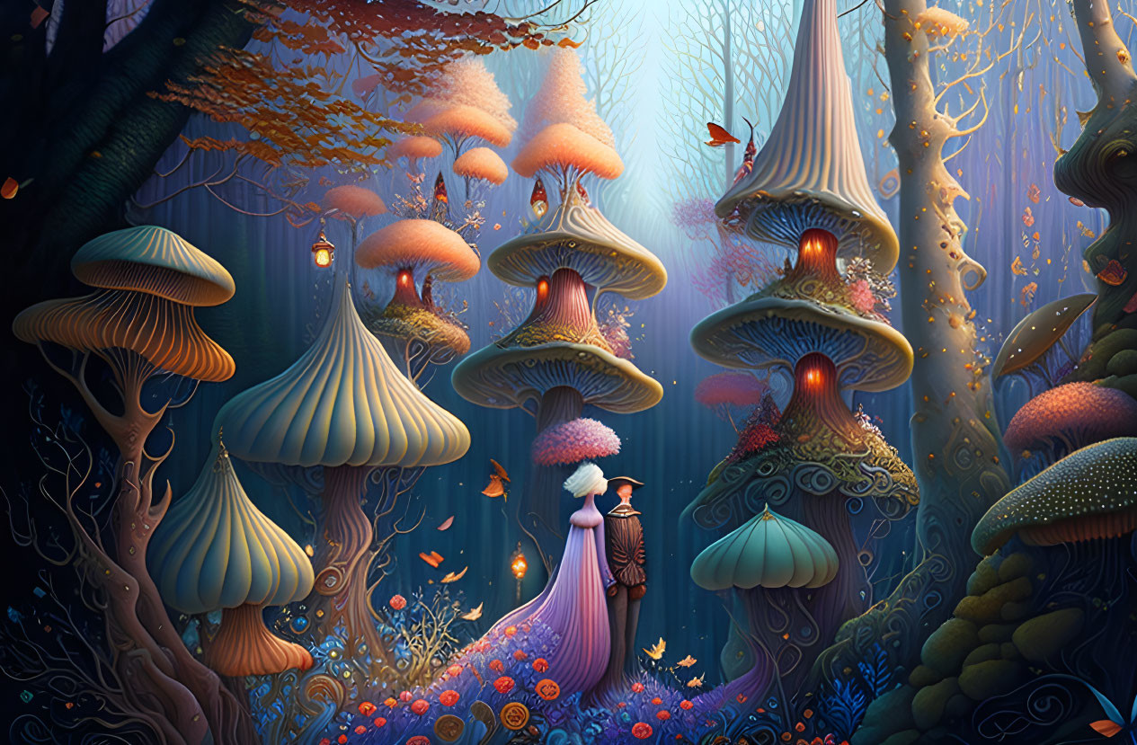 Enchanted forest scene with oversized luminous mushrooms at twilight