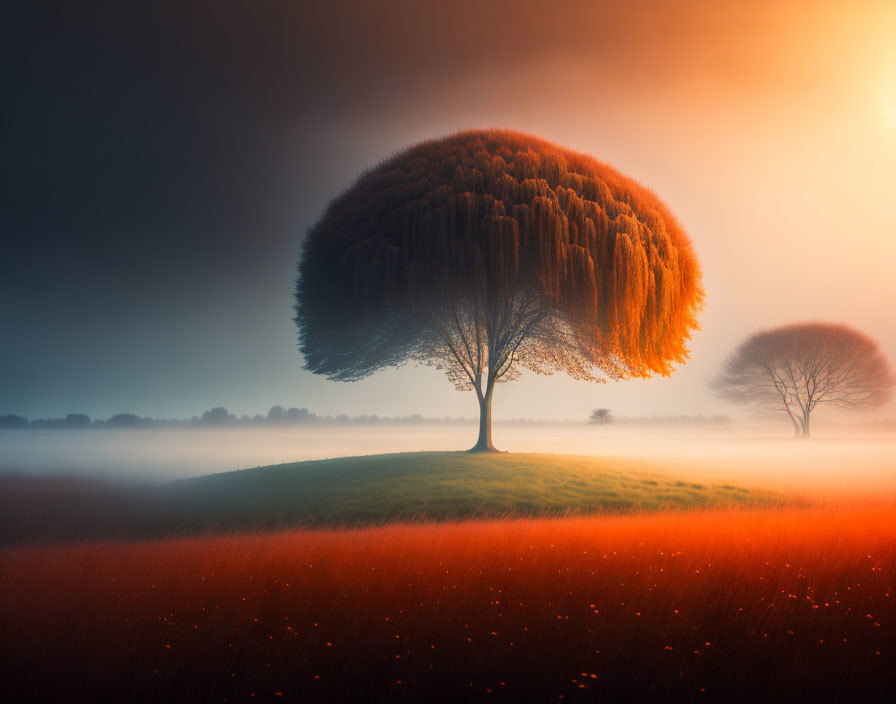 Majestic tree in misty field under warm sun with serene landscape.