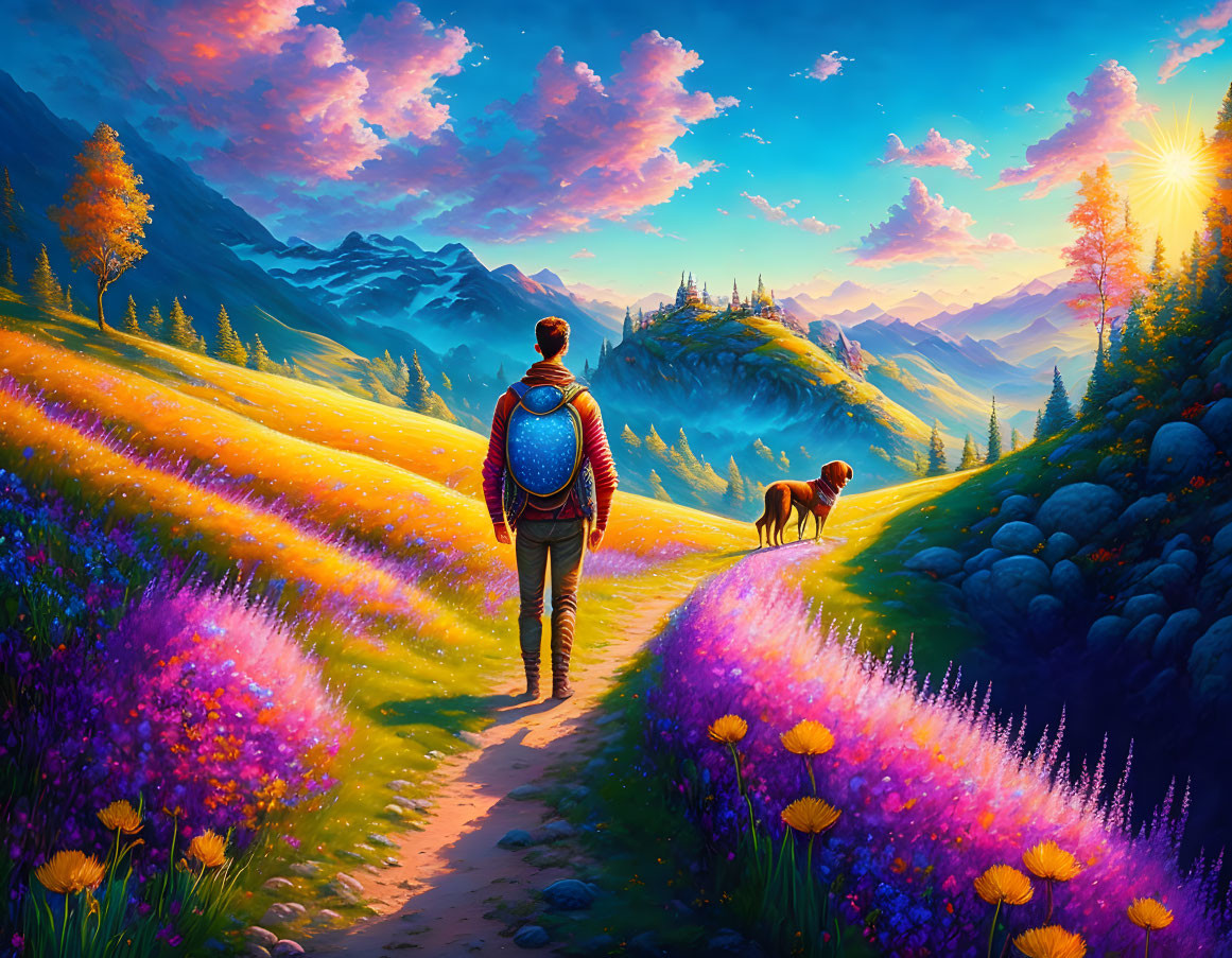 Person and dog walking among colorful wildflowers with mountains and sunset in the background.