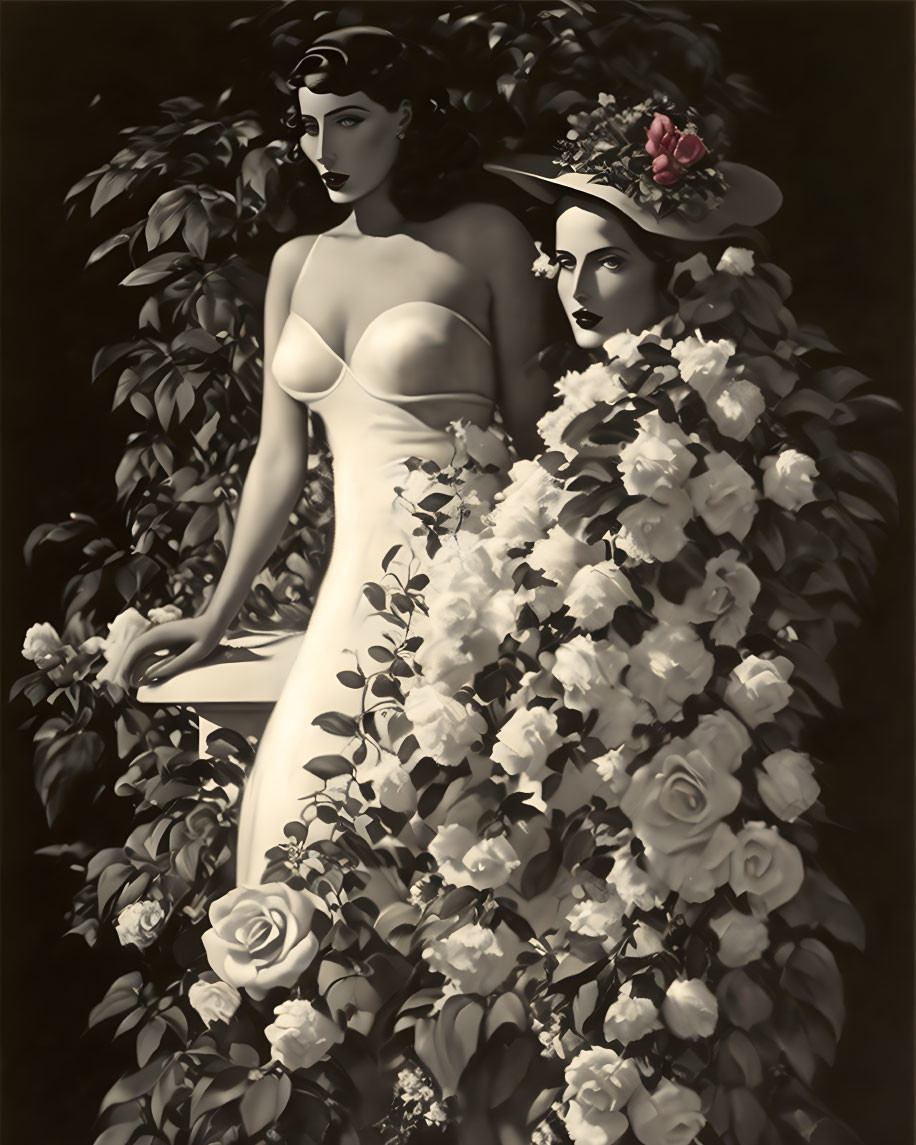 Vintage Women Surrounded by Roses in Strapless Dress