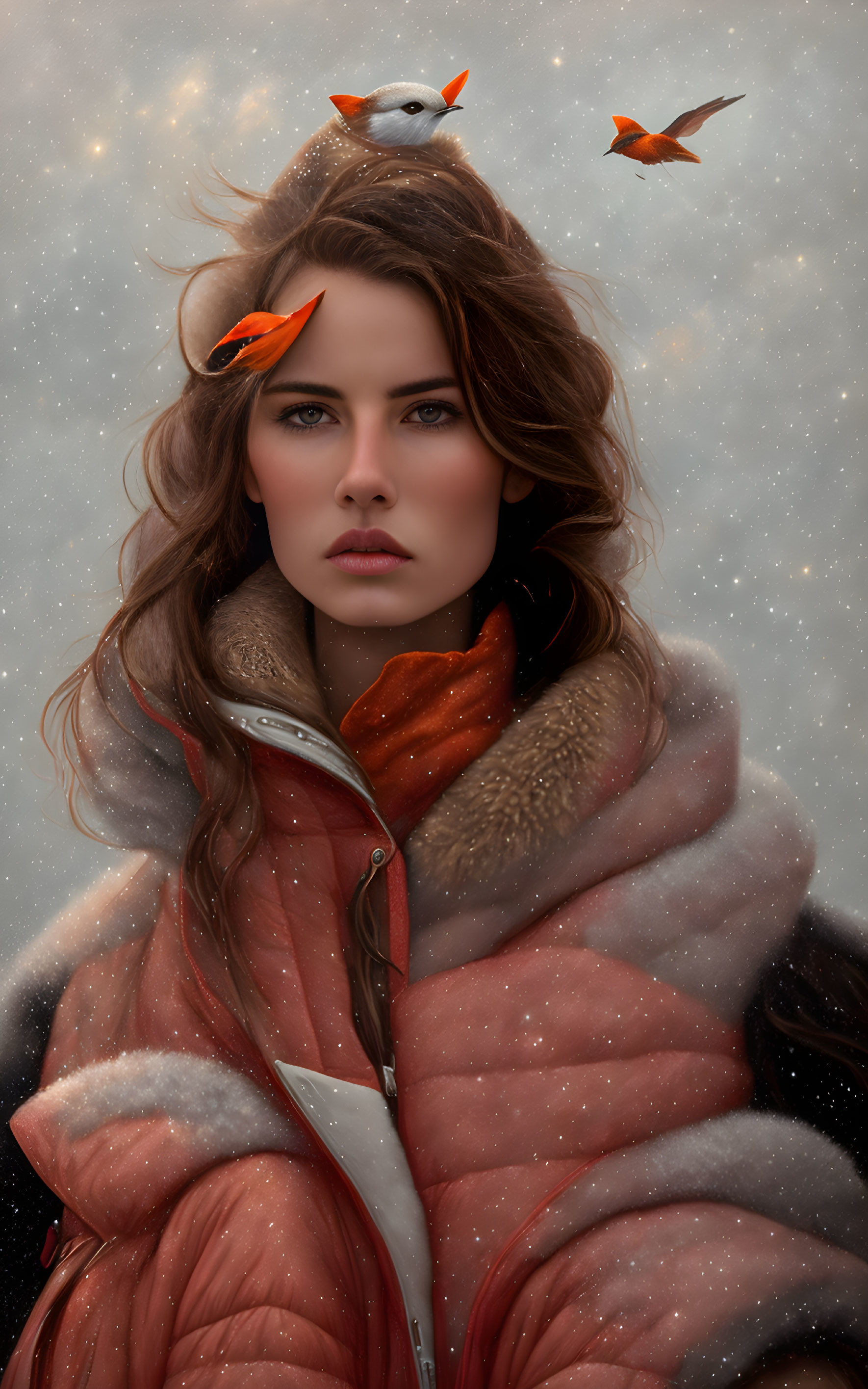 Woman in Red Jacket with Flowing Hair Surrounded by Snowflakes and Birds