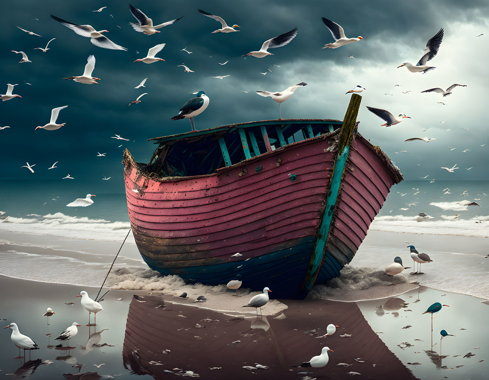 Weathered red and blue boat on beach under stormy sky with seagulls and reflections.