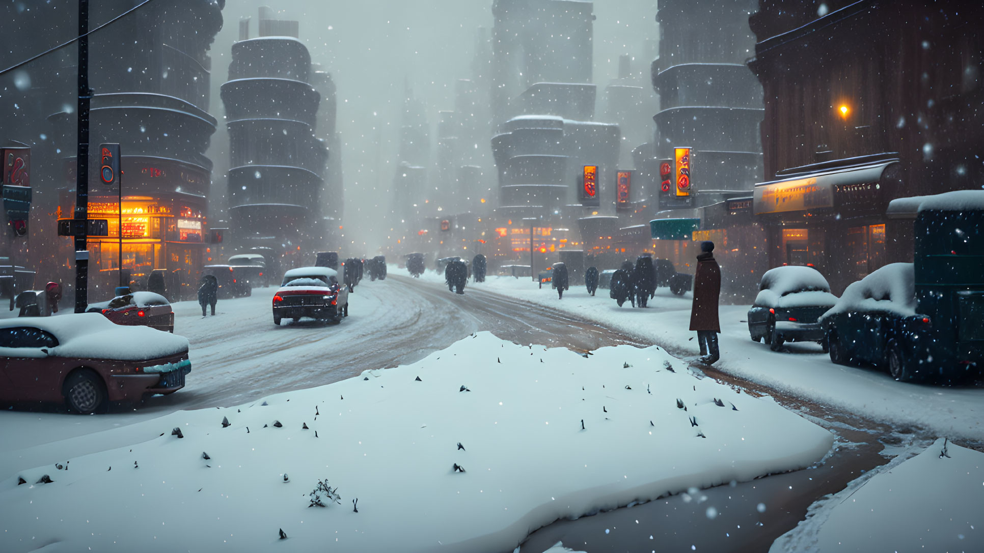 Snowy City Street Scene: Dusk Ambiance with Pedestrians, Cars, and Neon Signs