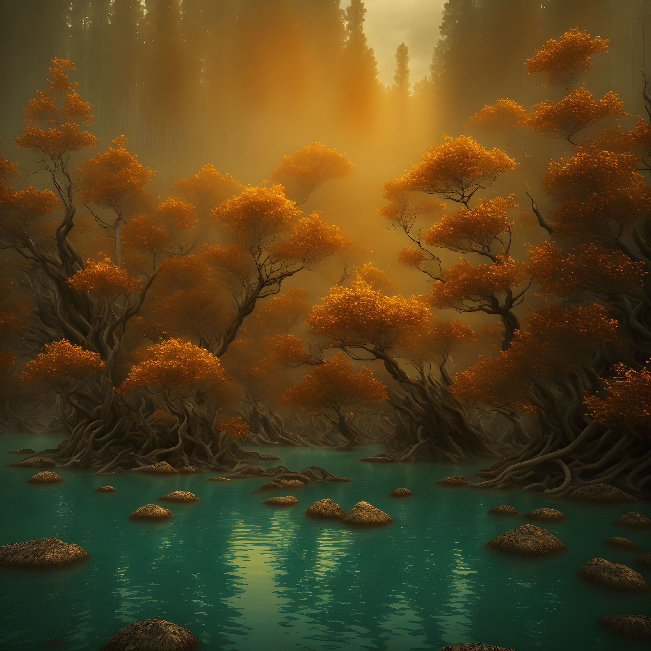 Mystical forest scene with orange-leaved trees, serene blue water, stones, and golden sunlight