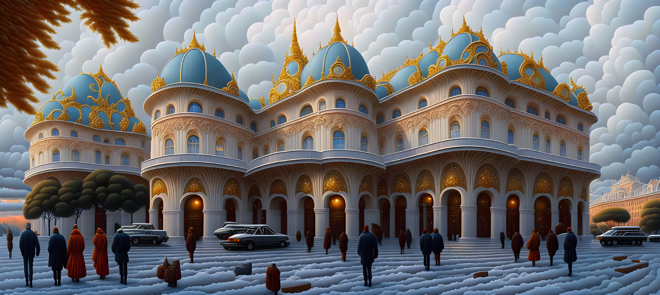 Opulent palace with golden domes amid crowd, trees, classic cars, and surreal sky.