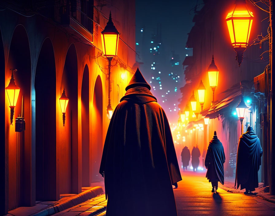 Night scene on old street with cloaked figures under glowing lanterns