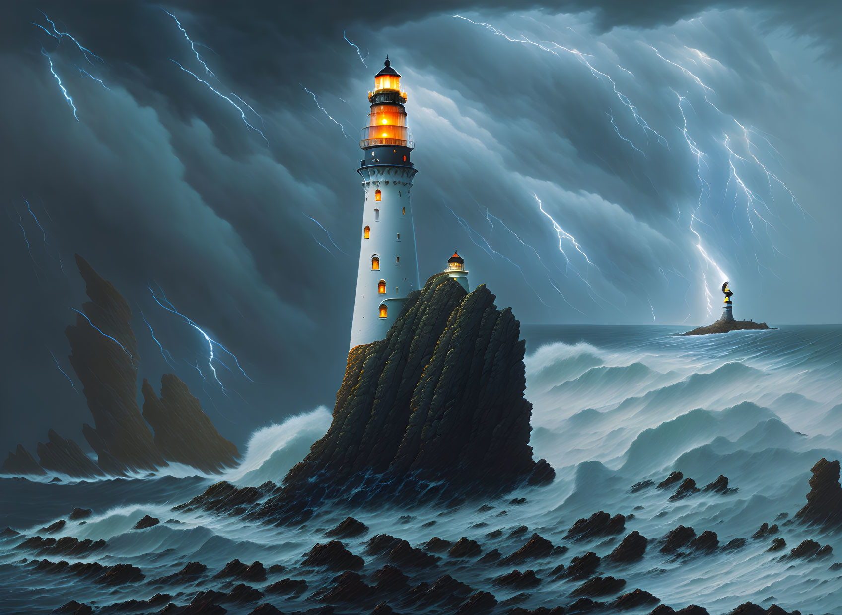 Stormy Seascape with Towering Lighthouse and Lightning Sky