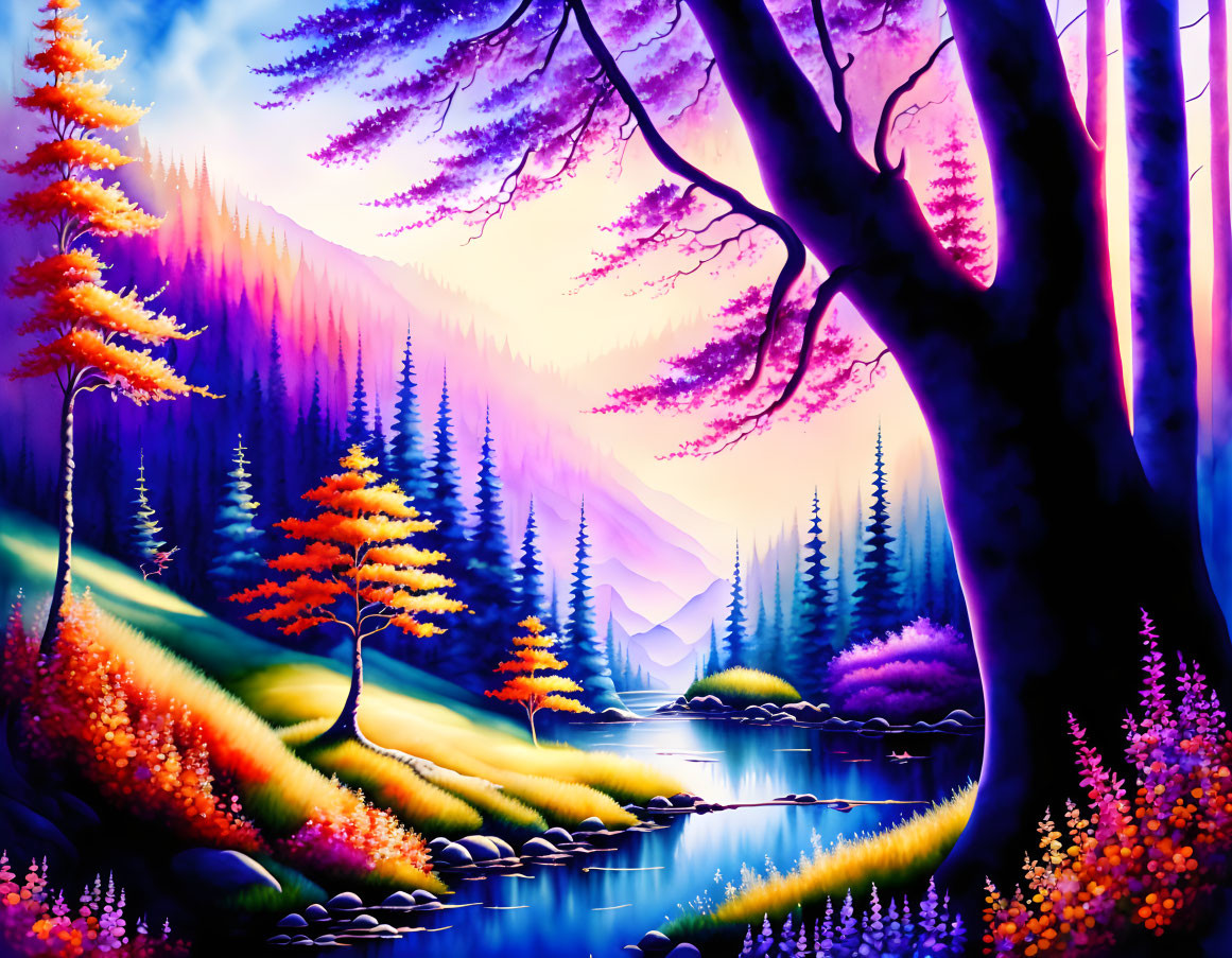 Vibrant Autumn Forest Landscape with River and Purple Sky