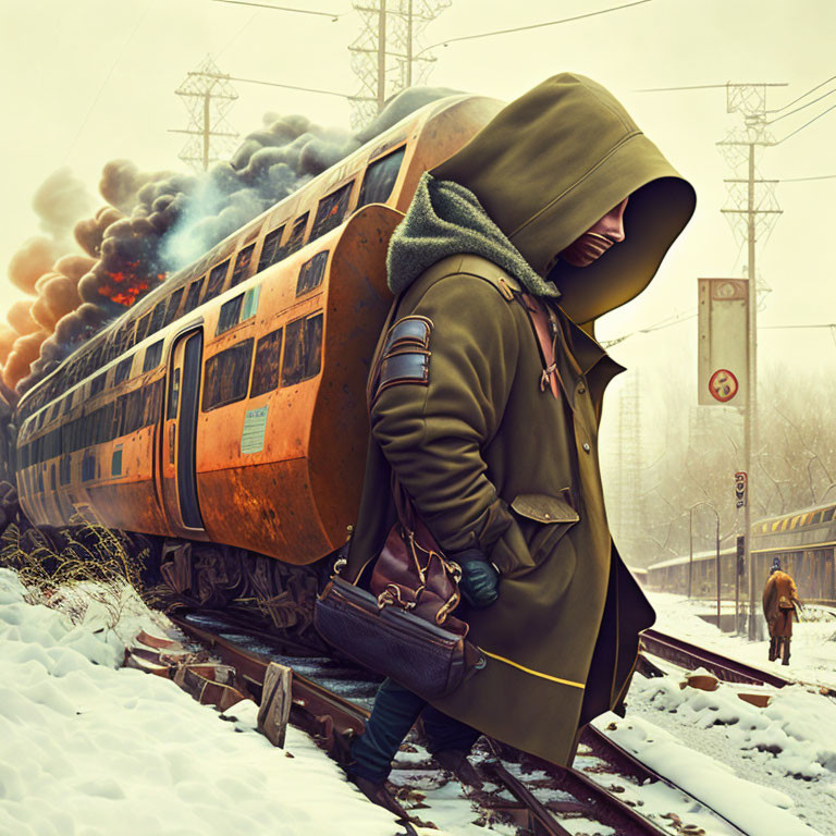 Person in hooded coat on snowy train tracks with burning train in background