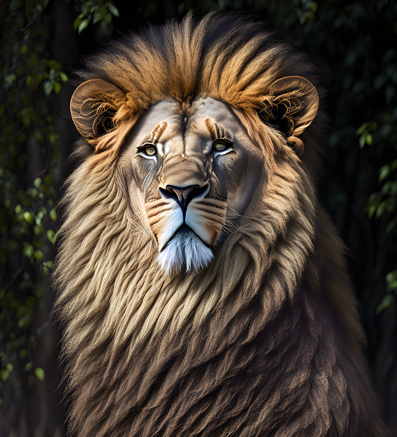 Majestic lion with voluminous mane in focused gaze