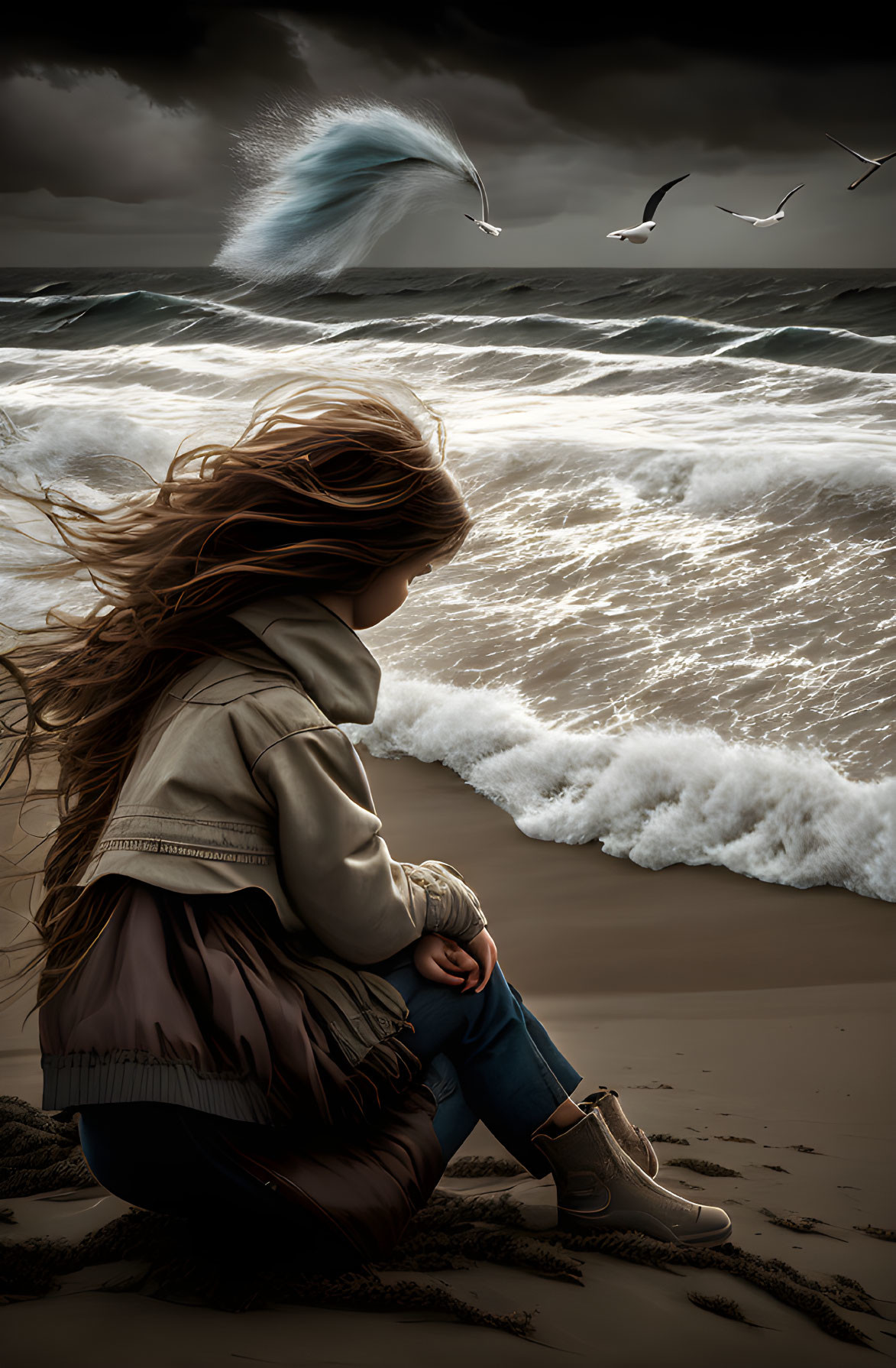 Person sitting on stormy beach with turbulent sea and cresting wave.