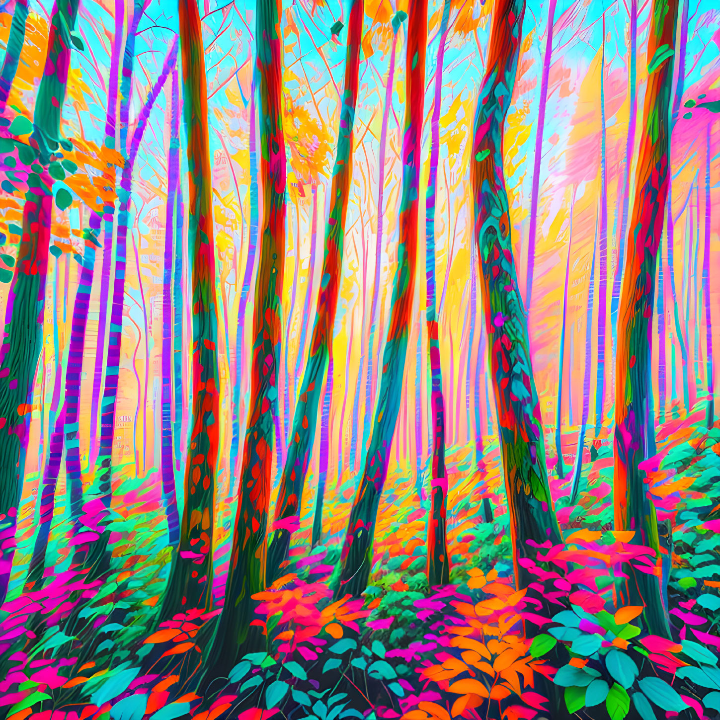 Colorful Psychedelic Forest Scene with Vibrant Trees and Foliage