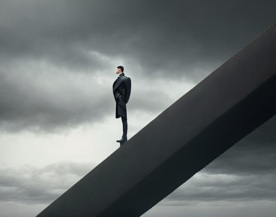 Confident man in suit on sloped structure under moody sky